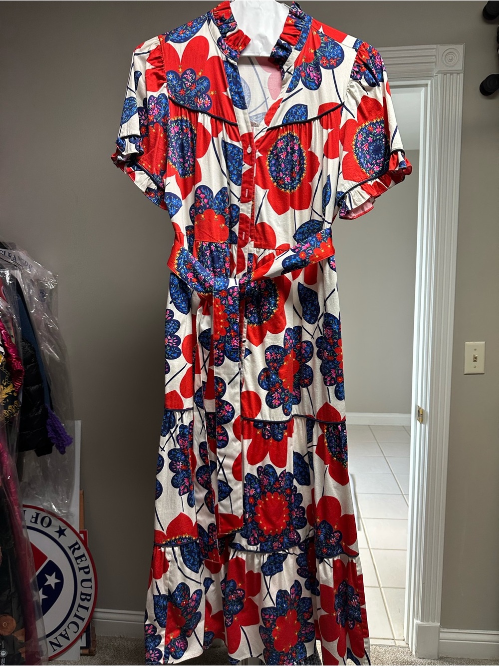 CROSBY by Mollie Burch Red and Blue Floral Tiered Maxi Dress